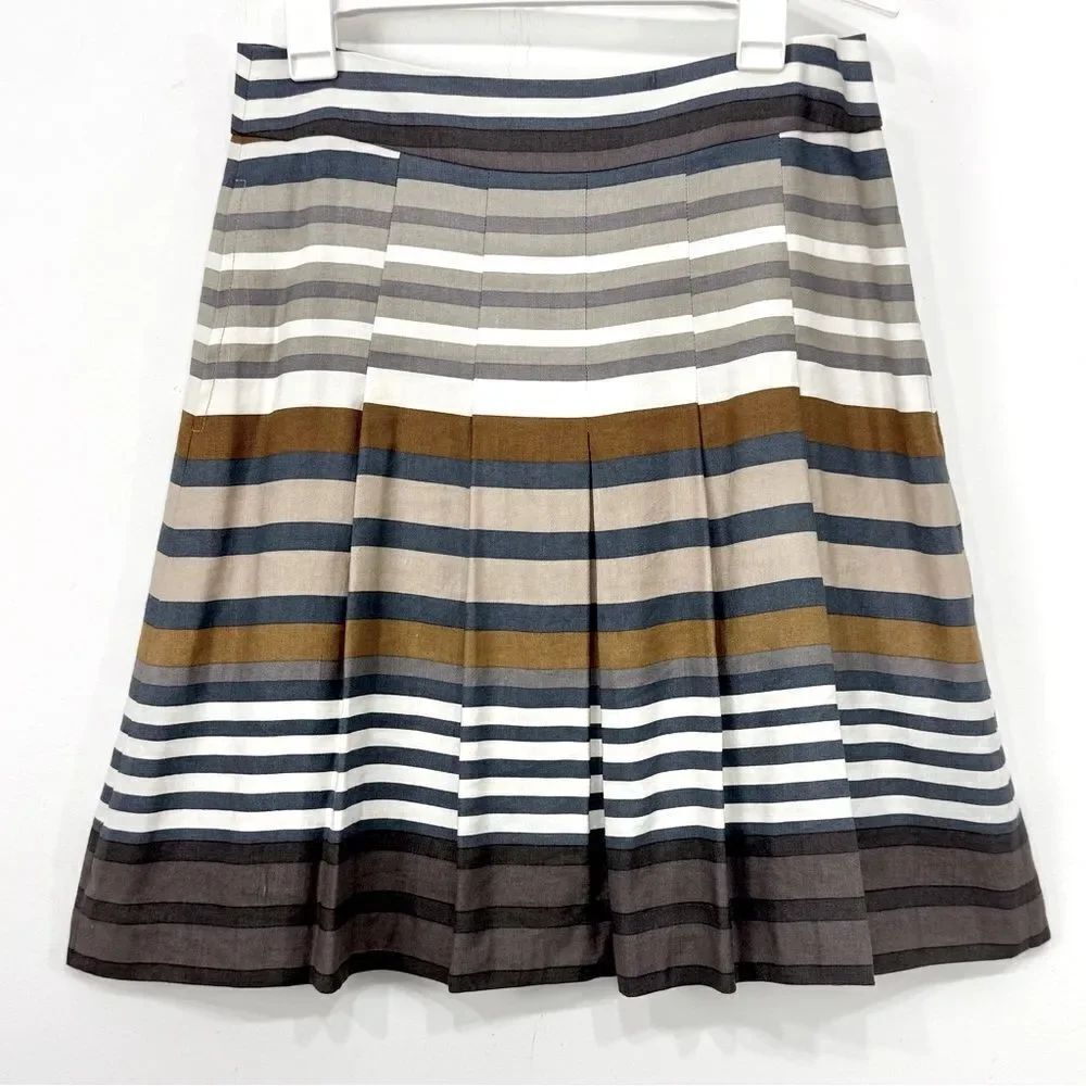 Banana Republic Brown Blue Cream Horizontal Striped A Line Pleated Linen Skirt